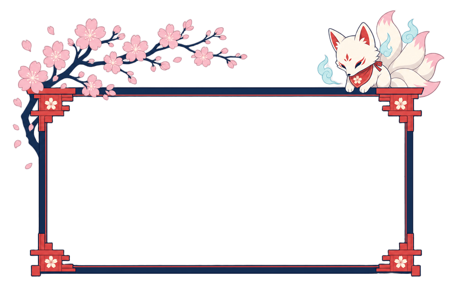 Transparent cam frame from the YOZAKURA pack — shrine-beam corners and a sakura branch, shown over a transparency checkerboard