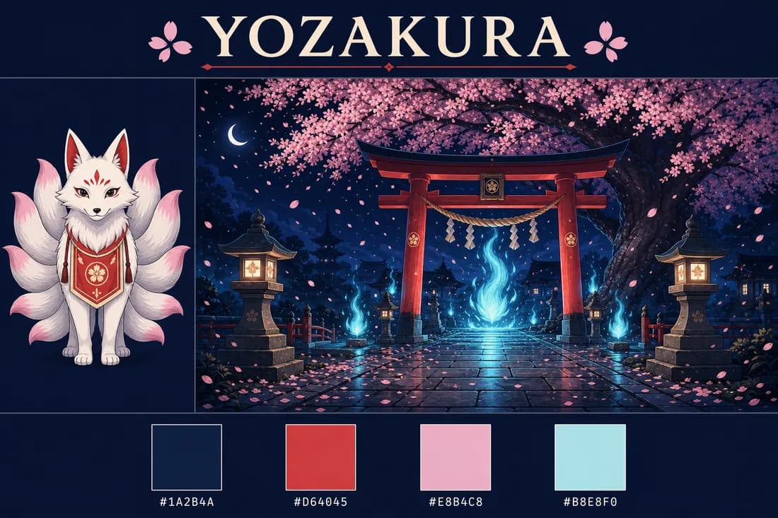 The YOZAKURA style sheet — character reference, night-shrine key art, and the reference palette used to guide the pack