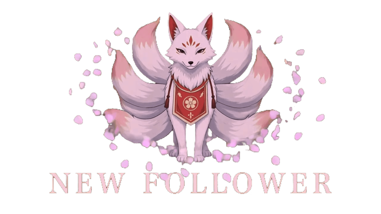 New Follower alert from the YOZAKURA pack — the nine-tail kitsune fans her tails amid swirling sakura petals and fox-fire above a NEW FOLLOWER title, keyed transparent for OBS