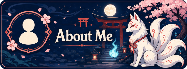 About Me panel, cut from the YOZAKURA panel sheet — icon, title and the kitsune at the shrine gate