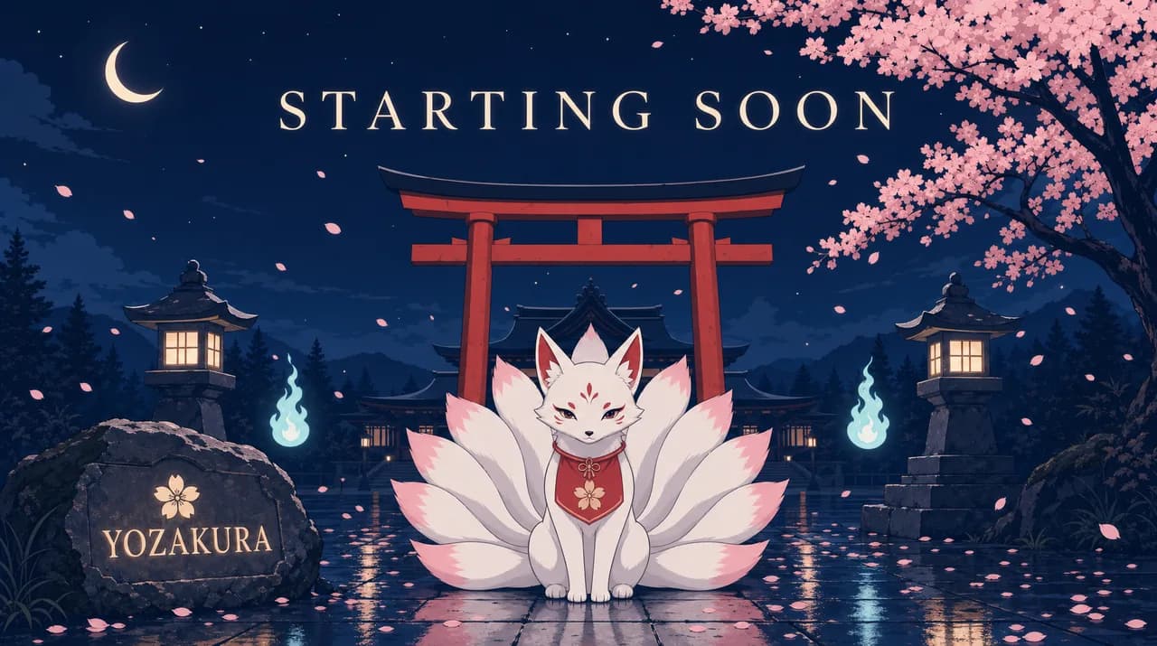 Animated Starting Soon overlay made with AlertForge — the YOZAKURA nine-tail kitsune sitting at a moonlit shrine gate, cherry petals drifting past the torii