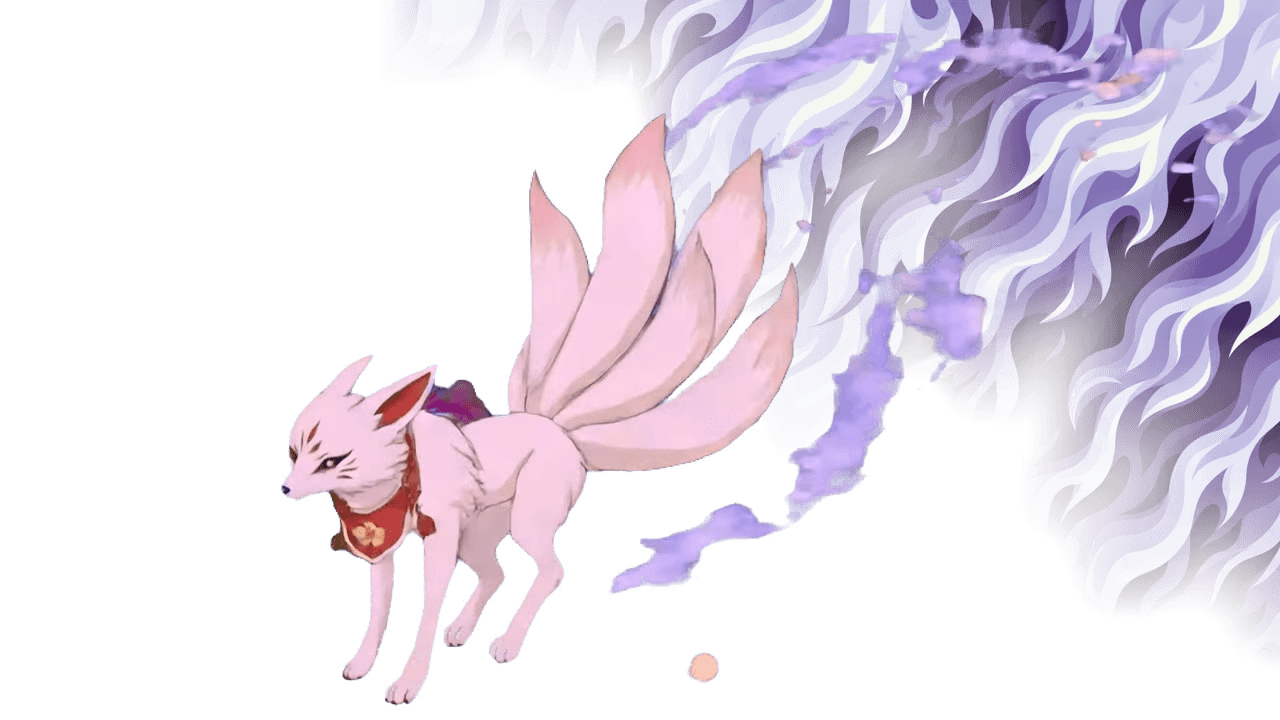 Stinger transition from the YOZAKURA pack — a lavender fox-fire flame wall sweeping across as the kitsune dashes through