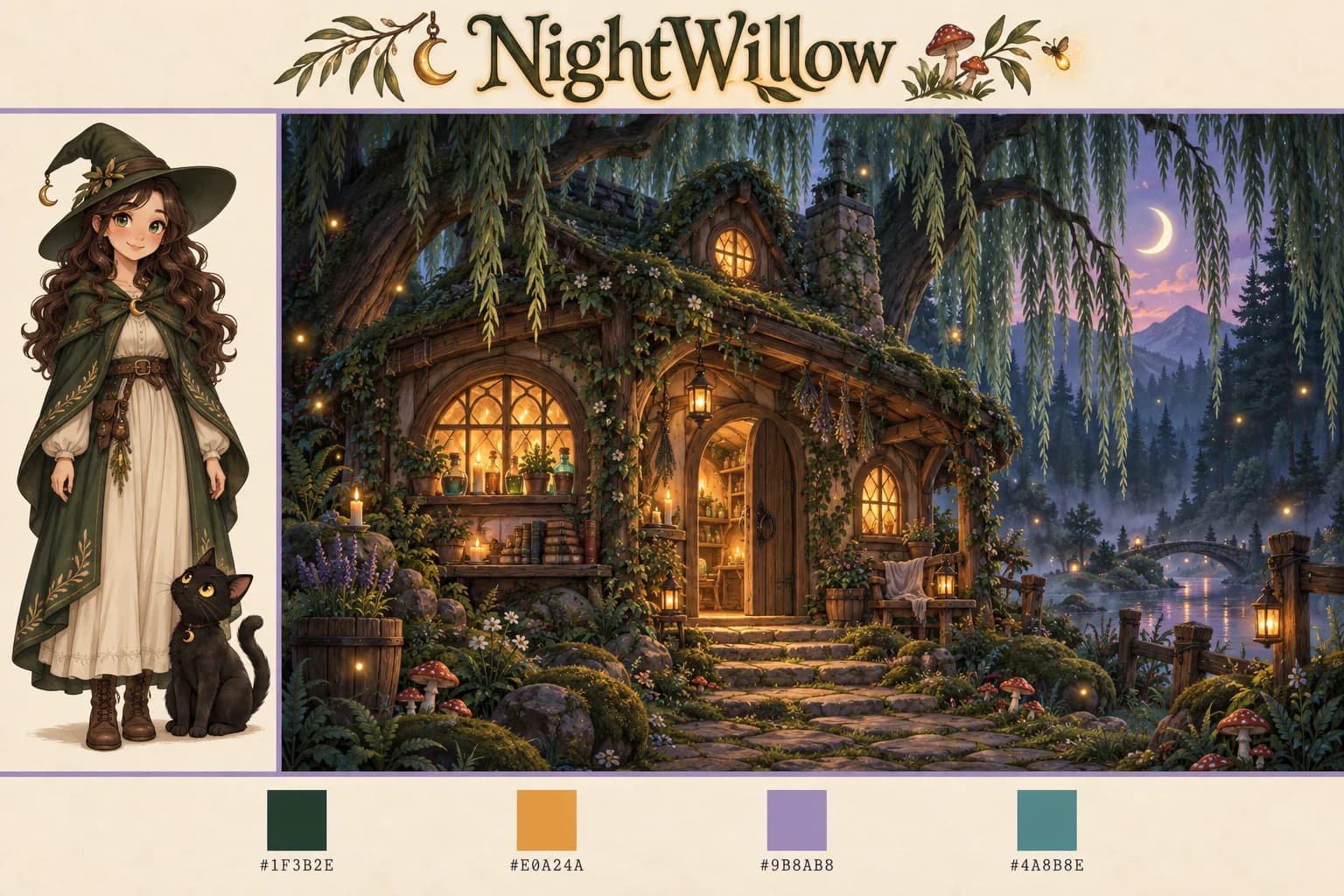 Example style sheet: the NightWillow character, colors, and lettering on one page