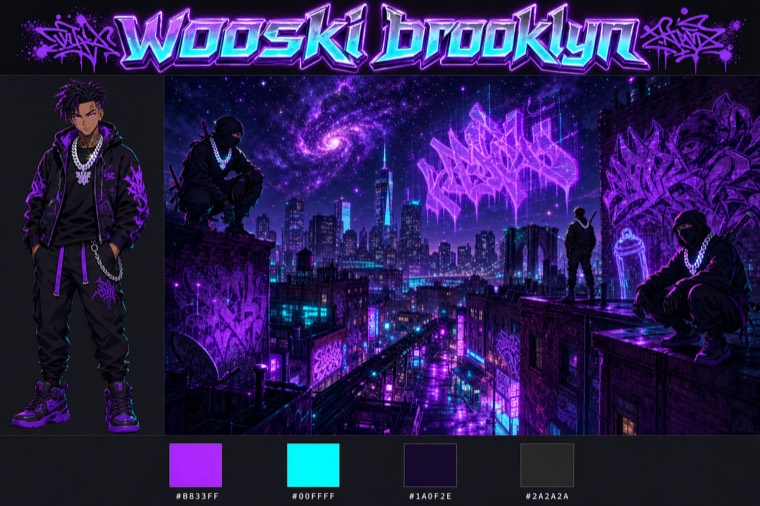 neon Brooklyn ninja — stream overlay design sheet generated with AlertForge