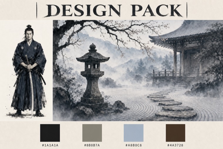 stoic sumi samurai — stream overlay design sheet generated with AlertForge