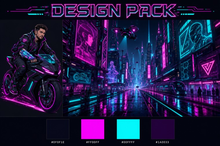 cyberpunk night ride — stream overlay design sheet generated with AlertForge