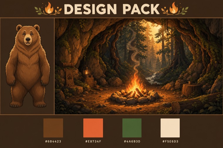 campfire forest bear — stream overlay design sheet generated with AlertForge