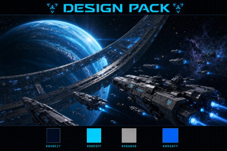 deep-space fleet, blue neon — stream overlay design sheet generated with AlertForge