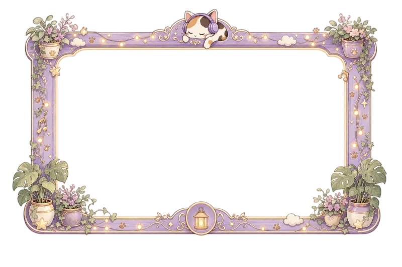 Transparent webcam frame from the pack — pastel lavender border with the calico cat resting on top, shown over a transparency checkerboard