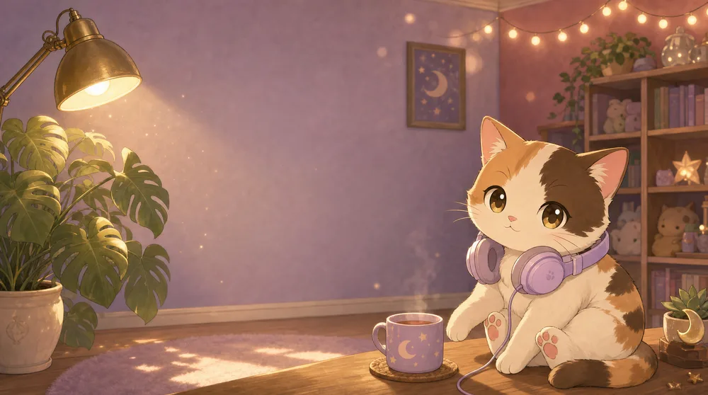 Just Chatting scene from the pack — the calico cat with a warm drink in the lamplit room