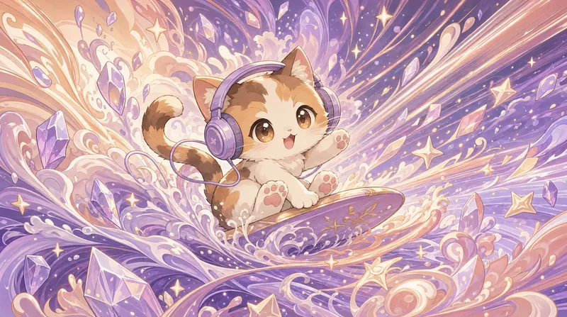 Stinger transition — the cat surfing a pastel crystal wave that covers the screen