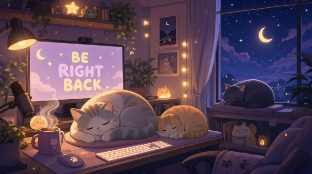 Matching Be Right Back scene from the same overlay pack — the cat asleep at the desk, coffee mug steaming