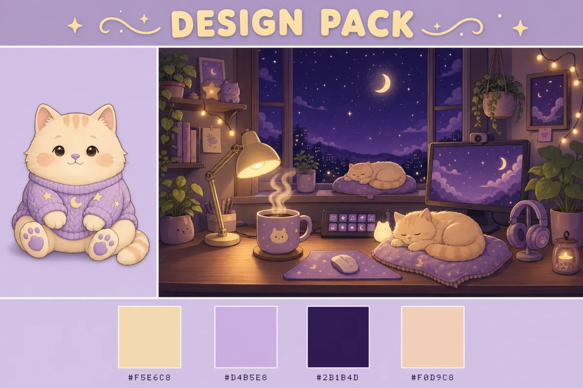 The pack's AI-generated design sheet — lavender lofi palette, chubby cat character reference and color swatches